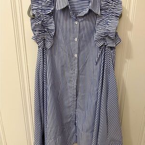 Lili Sidonio ruffle shoulder Blue Striped Sleeveless shirt Dress